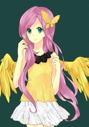Size: 1181x1675 | Tagged: safe, artist:lillin, character:fluttershy, species:human, g4, female, green background, humanized, looking at you, pixiv, simple background, species swap, winged humanization, wings