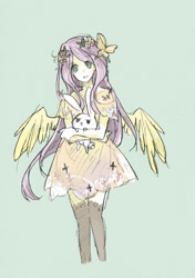 Size: 945x1341 | Tagged: safe, artist:lillin, character:angel bunny, character:fluttershy, species:human, species:rabbit, g4, female, green background, humanized, pixiv, simple background, species swap, winged humanization, wings