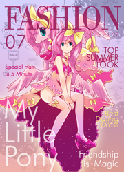 Size: 656x910 | Tagged: safe, artist:lillin, character:princess luna, species:alicorn, species:human, species:pony, g4, bow, clothing, dress, female, hair bow, human ponidox, humanized, looking at you, magazine cover, pinkluna, pixiv, ponidox, profile, species swap, spread wings, stockings, text, thigh highs, wings