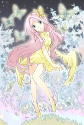 Size: 1168x1730 | Tagged: safe, artist:lillin, character:fluttershy, species:human, g4, butterfly, clothing, dress, female, humanized, legs, looking at you, pixiv, solo, species swap, spread wings, winged humanization, wings