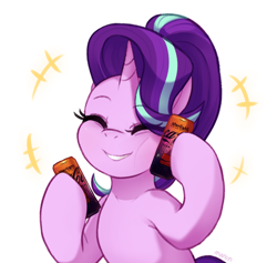 Size: 1972x1870 | Tagged: safe, artist:maren, character:starlight glimmer, species:pony, species:unicorn, g4, coca-cola, cute, eyes closed, female, glimmerbetes, hoof hold, mare, namesake, pun, simple background, smiling, soda can, solo, starlight coca-cola, visual gag, white background