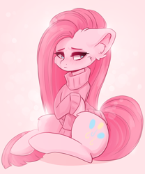 Size: 800x960 | Tagged: safe, artist:valeria_fills, artist:valeriafills, character:pinkamena diane pie, character:pinkie pie, species:earth pony, species:pony, g4, alternate hairstyle, cheek fluff, clothing, colored eyebrows, ear fluff, eyebrows, female, floppy ears, mare, pink background, simple background, sitting, solo, straight hair, sweater, three quarter view