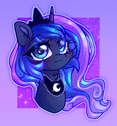 Size: 986x1065 | Tagged: safe, artist:_spacemonkeyz_, artist:babaruu, character:princess luna, species:alicorn, species:pony, g4, bust, crown, eye clipping through hair, eyebrows, eyebrows visible through hair, female, gradient background, jewelry, looking at you, mare, necklace, peytral, portrait, purple background, regalia, simple background, solo