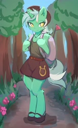 Size: 1250x2048 | Tagged: safe, artist:fajeh, character:lyra heartstrings, species:anthro, species:unguligrade anthro, species:unicorn, g4, arm hooves, backpack, cheek fluff, clothing, cutie mark, cutie mark on clothes, ear fluff, female, flower, fluffy, forest, hat, mare, no pupils, semi-anthro, shoes, shoulder fluff, skirt, solo, tank top