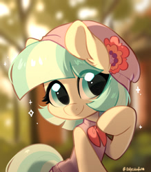 Size: 1544x1766 | Tagged: safe, artist:oofycolorful, character:coco pommel, species:earth pony, species:pony, g4, blurred background, clothing, cocobetes, cute, eye clipping through hair, eyebrows, eyebrows visible through hair, female, hat, looking sideways, mare, raised hoof, shirt, signature, smiling, solo, three quarter view