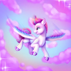 Size: 2960x2967 | Tagged: safe, artist:malarkey, manebooru spotlight, character:zipp storm, species:pegasus, species:pony, g5, my little pony: a new generation, adorazipp, cloud, colored wings, cute, female, flying, happy, mare, multicolored wings, profile, smiling, solo, sparkles, spread wings, wings