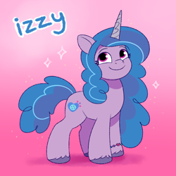 Size: 856x856 | Tagged: safe, artist:malarkey, character:izzy moonbow, species:pony, species:unicorn, g5, my little pony: tell your tale, bracelet, colored hooves, doodle, female, full body, gradient background, gradient hair, hooves, horn, jewelry, mare, multicolored hair, pink background, simple background, smiling, solo, sparkles, standing, tail, text, three quarter view, unshorn fetlocks