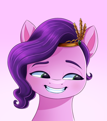 Size: 948x1068 | Tagged: safe, artist:malarkey, character:pipp petals, species:pegasus, species:pony, g5, my little pony: make your mark, bust, circlet, colored eyebrows, eyebrows, female, front view, full face view, gradient background, looking sideways, mare, pink background, pipp wings, portrait, simple background, solo