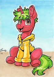 Size: 1471x2076 | Tagged: safe, artist:dandy, oc, oc only, oc:piquant pepper, species:pony, species:unicorn, art trade, clothing, cute, ear fluff, eye clipping through hair, eyebrows, eyebrows visible through hair, hoodie, looking at you, male, marker drawing, ocbetes, open mouth, sitting, solo, stallion, tail, traditional art, underhoof