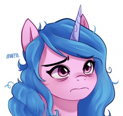 Size: 1723x1626 | Tagged: safe, artist:maren, character:izzy moonbow, species:pony, species:unicorn, g5, my little pony: make your mark, bags under eyes, bust, cute, eyebrows, eyebrows visible through hair, female, frazzled hair, frown, gradient hair, horn, izzy moodbow, izzybetes, mare, messy mane, multicolored hair, sad, sadorable, signature, simple background, solo, tired, white background