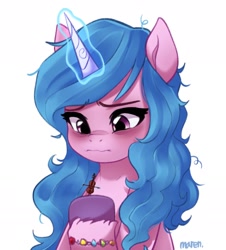 Size: 1620x1794 | Tagged: safe, artist:maren, character:izzy moonbow, species:pony, species:unicorn, g5, bags under eyes, female, friendship bracelet, glowing horn, gradient hair, hoof, horn, magic, mare, multicolored hair, musical instrument, simple background, solo, telekinesis, tired, violin, white background, world's tiniest violin