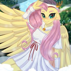Size: 3000x3000 | Tagged: safe, artist:auroracursed, character:fluttershy, species:anthro, species:pegasus, g4, christmas, clothing, colored eyebrows, cute, dress, eyebrows, female, holiday, looking at you, mare, shy, shyabetes, skirt, smiling, solo, spread wings, wings