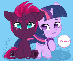 Size: 1534x1283 | Tagged: safe, artist:auroracursed, character:tempest shadow, character:twilight sparkle, character:twilight sparkle (alicorn), species:alicorn, species:pony, species:unicorn, ship:tempestlight, g4, angry, blue background, chibi, colored eyebrows, crying, cute, eyebrows, female, heart hoof, lesbian, mare, raised hoof, shipping, simple background, sitting, tears of anger, tempest shadow is not amused, tempestbetes, twiabetes, unamused, underhoof