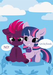 Size: 4135x5848 | Tagged: safe, artist:auroracursed, character:tempest shadow, character:twilight sparkle, character:twilight sparkle (alicorn), species:alicorn, species:pony, species:unicorn, ship:tempestlight, g4, angry, chibi, colored eyebrows, crying, cute, dialogue, eyebrows, female, heart hoof, lesbian, mare, no, raised hoof, shipping, sitting, speech bubble, tears of anger, tempest shadow is not amused, tempestbetes, text, twiabetes, unamused, underhoof