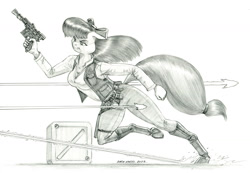 Size: 1500x1037 | Tagged: safe, artist:baron engel, character:apple bloom, species:anthro, species:earth pony, species:unguligrade anthro, g4, apple family member, blaster, clothing, crossover, female, mare, monochrome, older, older apple bloom, pants, pencil drawing, solo, star wars, story in the source, traditional art, vest, weapon