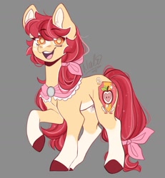 Size: 1600x1729 | Tagged: safe, artist:minerva_novaa, character:apple bloom, species:earth pony, species:pony, g4, adorabloom, apple family member, bow, clothing, coat markings, colored hooves, colored pupils, cute, eyebrows, eyebrows visible through hair, female, goldie delicious' scarf, gray background, hair bow, hooves, looking at you, mare, older, older apple bloom, open mouth, open smile, raised hoof, scarf, signature, simple background, smiling, socks (coat marking), solo, tail bow, three quarter view