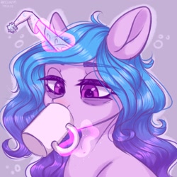 Size: 3000x3000 | Tagged: safe, artist:gunya, character:izzy moonbow, species:pony, species:unicorn, g5, bags under eyes, cute, explicit source, eyebrows, eyebrows visible through hair, female, glowing horn, gradient mane, horn, horn cap, izzybetes, magic, mare, mug, multicolored hair, simple background, solo, tired