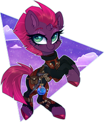 Size: 2521x2948 | Tagged: safe, artist:_spacemonkeyz_, artist:babaruu, character:tempest shadow, species:pony, species:unicorn, g4, blade of woe, broken horn, clothing, cloud, colored eyebrows, colored hooves, colored pupils, crossover, dark brotherhood, eyebrows, female, flower, hooves, horn, leather armor, magicka potion, mare, potion, scar, simple background, sky, skyrim, solo, stars, the elder scrolls, torn clothes, transparent background, video game