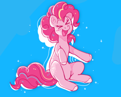 Size: 2500x2000 | Tagged: safe, artist:budipudi, character:pinkie pie, species:earth pony, species:pony, g4, blue background, cute, diapinkes, eyes closed, female, mare, open mouth, simple background, sitting, solo
