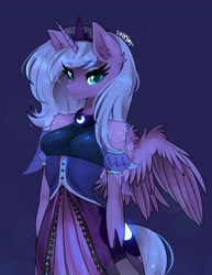 Size: 1581x2048 | Tagged: safe, artist:siripim111, character:princess luna, species:alicorn, species:anthro, g4, breasts, clothing, crown, detached sleeves, ear fluff, explicit source, eyebrows, eyebrows visible through hair, female, fluffy, jewelry, looking at you, mare, regalia, shoulder fluff, shoulderless, simple background, solo, spread wings, three quarter view, wing fluff, wings