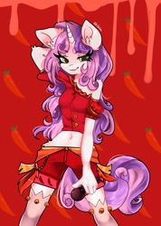 Size: 1456x2048 | Tagged: safe, artist:siripim111, character:sweetie belle, species:anthro, species:unicorn, g4, arm behind head, bell, blouse, chili pepper, clothing, ear fluff, explicit source, eyebrows, eyebrows visible through hair, female, lidded eyes, looking at you, mare, microphone, midriff, off shoulder, older, older sweetie belle, red background, shirt, shorts, simple background, smiling, socks, solo, stockings, thigh highs
