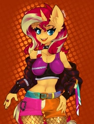 Size: 777x1024 | Tagged: safe, artist:siripim111, character:sunset shimmer, species:anthro, species:unicorn, g4, my little pony:equestria girls, abstract background, belly button, breasts, busty sunset shimmer, choker, cleavage, ear fluff, explicit source, eyebrows, female, hand, hand on hip, hips, jewelry, mare, necklace, open mouth, ring, shoulder fluff, signature, solo, spiked choker