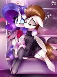 Size: 1080x1439 | Tagged: safe, artist:nevobaster, character:rarity, oc, species:pegasus, species:pony, species:unicorn, g4, clothing, duo, explicit source, eyebrows, eyelashes, eyeshadow, female, horn, hug, makeup, mare, moscow, moscow metro, one eye closed, shirt, sitting, sleeping, stockings, subway, sweater, thigh highs, umbrella, winghug, wings