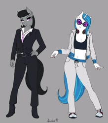 Size: 2540x2900 | Tagged: safe, artist:apocheck13, character:dj pon-3, character:octavia melody, character:vinyl scratch, species:anthro, species:earth pony, species:plantigrade anthro, species:pony, species:unicorn, g4, belly button, breasts, business suit, cleavage, clothing, crop top, duo, duo female, explicit source, eyebrows, eyelashes, female, females only, frown, gray background, headphones, horn, jacket, looking at you, mare, nail polish, necktie, pants, shirt, shoes, simple background, smiling, sneakers, suit, vinyl's glasses
