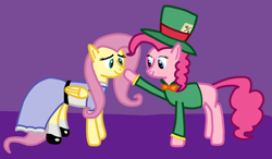 Size: 2120x1234 | Tagged: safe, artist:freestadiumtix, character:fluttershy, character:pinkie pie, species:earth pony, species:pegasus, species:pony, g4, alice in wonderland, boop, clothing, crossover, cute, dress, duo, mad hatter, mary janes, missing cutie mark, nose boop, purple background, secret santa, shoes, simple background
