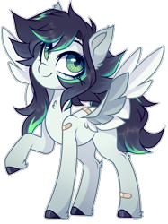 Size: 1591x2129 | Tagged: safe, artist:_spacemonkeyz_, artist:babaruu, oc, oc only, oc:chidori, species:pegasus, species:pony, bandage, bandaids, colored hooves, eye clipping through hair, eyebrows, female, hooves, looking up, mare, pegasus oc, raised hoof, simple background, solo, spread wings, three quarter view, transparent background, unshorn fetlocks, wings