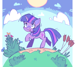Size: 1278x1133 | Tagged: safe, artist:beenz, manebooru original, character:twilight sparkle, character:twilight sparkle (unicorn), species:unicorn, g4, background, cloud, cute, detailed background, flowers, grass, manechat challenge, sky, solo, sun