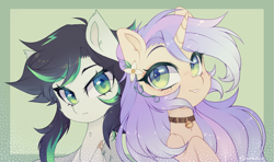 Size: 1827x1083 | Tagged: safe, artist:_spacemonkeyz_, artist:babaruu, oc, oc:cecilia, oc:chidori, species:pegasus, species:pony, species:unicorn, g4, bandage, bell, collar, eyebrows, eyebrows visible through hair, flower, flower in hair, green background, looking at each other, looking at you, pegasus oc, simple background, smiling, unicorn oc