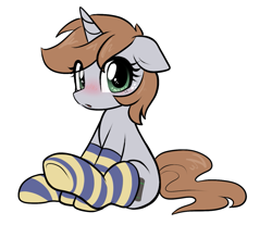 Size: 1021x846 | Tagged: safe, artist:moozua, derpibooru original, oc, oc only, oc:littlepip, species:pony, species:unicorn, fallout equestria, g4, :o, blushing, clothing, crossover, cute, eye clipping through hair, fallout, female, floppy ears, freckles, full body, horn, looking at you, mare, open mouth, simple background, sitting, socks, solo, striped socks, tail, three quarter view, underhoof, unicorn oc, weapons-grade cute, white background