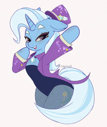 Size: 1000x1178 | Tagged: safe, artist:inkypuso, character:trixie, species:pony, species:unicorn, g4, bipedal, clothing, coat, colored eyebrows, corset, eyebrows, female, fishnets, floppy ears, hat, looking at you, magician outfit, mare, open mouth, signature, simple background, solo, stockings, thigh highs, three quarter view, top hat, white background
