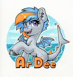 Size: 1791x1892 | Tagged: safe, artist:dandy, oc, oc only, oc:gulfstream, species:pony, badge, cloud, commission, cutie mark, ear fluff, ear piercing, earring, eyebrows, eyebrows visible through hair, eyelashes, female, hooves, jewelry, looking at you, looking sideways at you, mare, marker drawing, ocean, one hoof raised, open mouth, original species, piercing, shark, shark pony, sharp teeth, sky, solo, traditional art, unshorn fetlocks, water