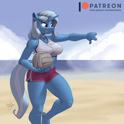 Size: 900x900 | Tagged: safe, artist:kevinsano, character:trixie, species:anthro, species:pony, species:unguligrade anthro, species:unicorn, g4, beach, beach volleyball, breasts, busty trixie, clothing, cloud, crop top, explicit source, eyelashes, female, horn, mare, nipple outline, ocean, outdoors, shorts, sky, smiling, solo, sports, tail, tank top, thumbs down, volleyball, water