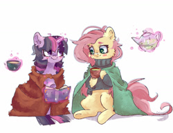 Size: 1280x983 | Tagged: safe, artist:colorochka, character:fluttershy, character:twilight sparkle, species:pegasus, species:pony, species:unicorn, g4, blanket, blushing, book, clothing, drink, sweater, tea, tea party