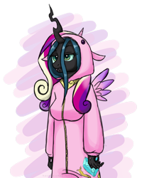 Size: 1280x1600 | Tagged: safe, artist:hasana-chan, character:princess cadance, character:queen chrysalis, species:anthro, species:changeling, g4, 30 minute art challenge, breasts, changeling queen, clothing, costume, cute, cutealis, female, frown, hoodie, pajamas, simple background, solo, transparent background, unamused