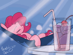 Size: 1280x960 | Tagged: safe, artist:hauntedtuba, character:pinkie pie, species:earth pony, species:pony, g4, animated, breathing, cherry, crepuscular rays, drink, drinking straw, female, food, hammock, mare, no sound, profile, signature, sleeping, solo, twitching, webm