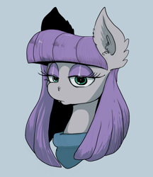 Size: 1326x1536 | Tagged: safe, artist:paskanaakka, derpibooru original, character:maud pie, species:earth pony, species:pony, g4, bust, clothing, dress, ear fluff, explicit source, eyelashes, eyeshadow, female, gray background, lidded eyes, looking at you, makeup, mare, portrait, simple background, solo