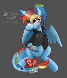 Size: 1682x1953 | Tagged: dead source, safe, artist:serbhka, character:rainbow dash, species:pony, g4, alternate hairstyle, blushing, candy, chromatic aberration, clothing, crossover, cute, dashabetes, dialogue, eye clipping through hair, eyebrows, eyebrows visible through hair, female, food, gray background, headphones, hoodie, kitkat, mare, mario, monster pony, nintendo, nintendo switch, original species, ponytail, simple background, sitting, skittles, solo, speech bubble, spread wings, super mario bros., super mario odyssey, talking to viewer, tatzldash, tatzlpony, text, video game, wings