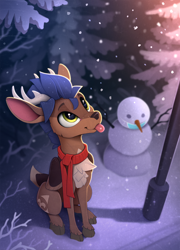 Size: 1520x2115 | Tagged: safe, artist:yakovlev-vad, oc, oc only, oc:arny, species:bird, species:deer, species:peryton, species:pony, g4, barely pony related, blep, catching snowflakes, chest fluff, clothing, cloven hooves, cute, face mask, hooves, hybrid, implied coronavirus, lamppost, male, mask, ocbetes, pale belly, scarf, sitting, snow, snowfall, snowman, solo, surgical mask, tongue out