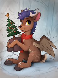 Size: 1550x2100 | Tagged: safe, artist:yakovlev-vad, oc, oc only, oc:arny, species:deer, species:peryton, species:pony, g4, christmas, christmas tree, cloven hooves, colored hooves, holiday, hooves, hybrid, original species, sitting, snow, snowfall, solo, spread wings, three quarter view, tree, unshorn fetlocks, wings