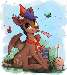 Size: 1500x1680 | Tagged: safe, artist:yakovlev-vad, oc, oc only, oc:arny, species:deer, species:peryton, species:pony, g4, birthday, butterfly, candle, clothing, colored hooves, colored wings, cupcake, cute, food, hat, hooves, hybrid, looking at you, male, multicolored wings, ocbetes, original species, party hat, party horn, sitting, solo, three quarter view, two toned wings, unshorn fetlocks, wings