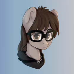 Size: 2000x2000 | Tagged: safe, artist:shooshaa, derpibooru original, species:pony, g4, bust, clothing, colored eyebrows, commission, eyebrows, glasses, gradient background, hair over one eye, hood, hoodie, jewelry, male, mikey way, my chemical romance, necklace, ponified, raised eyebrow, simple background, solo, species swap, stallion, ych result