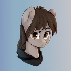 Size: 2000x2000 | Tagged: safe, alternate version, artist:shooshaa, derpibooru original, species:pony, g4, bust, clothing, colored eyebrows, commission, eyebrows, gradient background, hair over one eye, hood, hoodie, looking at you, male, mikey way, my chemical romance, ponified, raised eyebrow, simple background, solo, species swap, stallion, ych result