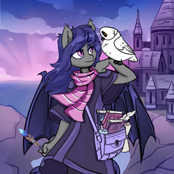 Size: 1920x1920 | Tagged: safe, artist:shooshaa, oc, oc only, oc:dusk rhine, species:anthro, species:bat pony, species:bird, species:owl, g4, adventurer, anthro oc, bag, bat pony oc, bat wings, book, clothing, colored eyebrows, cute, eyebrows, eyebrows visible through hair, feather, female, mare, pet, quill, robe, satchel, scarf, solo, three quarter view, wand, wings, wizard