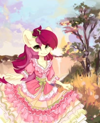 Size: 1346x1640 | Tagged: safe, artist:shooshaa, character:roseluck, species:anthro, species:earth pony, g4, clothing, colored eyebrows, digital art, digital painting, dress, eyebrows, eyebrows visible through hair, female, looking at you, mare, solo, three quarter view, tree, water