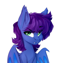 Size: 2000x2000 | Tagged: safe, artist:shooshaa, derpibooru original, oc, oc only, oc:keygun, species:bat pony, species:pony, g4, bat pony oc, bat wings, colored eyebrows, eyebrows, eyebrows visible through hair, fangs, high res, looking at you, male, raised eyebrow, sharp teeth, simple background, solo, stallion, three quarter view, transparent background, wings