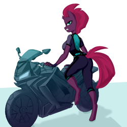 Size: 4000x4000 | Tagged: safe, artist:shooshaa, character:tempest shadow, species:anthro, species:unguligrade anthro, species:unicorn, g4, absurd resolution, broken horn, female, frown, horn, looking at you, mare, motorcycle, profile, simple background, solo, unamused, white background